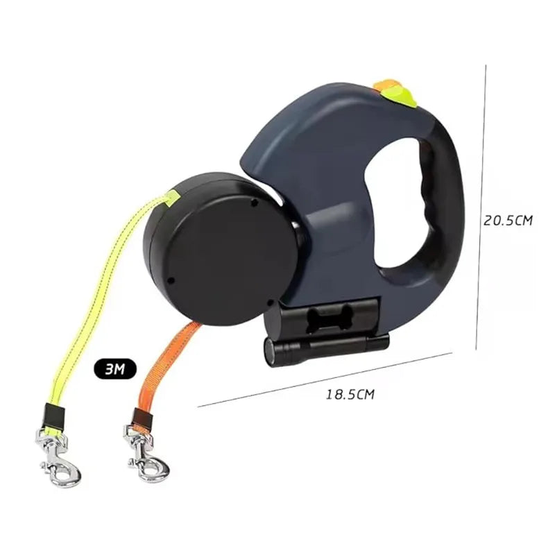 Double Ended Leash with Tangle-Free Swivel, LED Flashlight, and Litter Bag Holder for Small & Large Dog