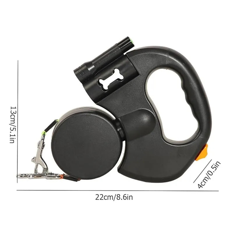 Double Ended Leash with Tangle-Free Swivel, LED Flashlight, and Litter Bag Holder for Small & Large Dog