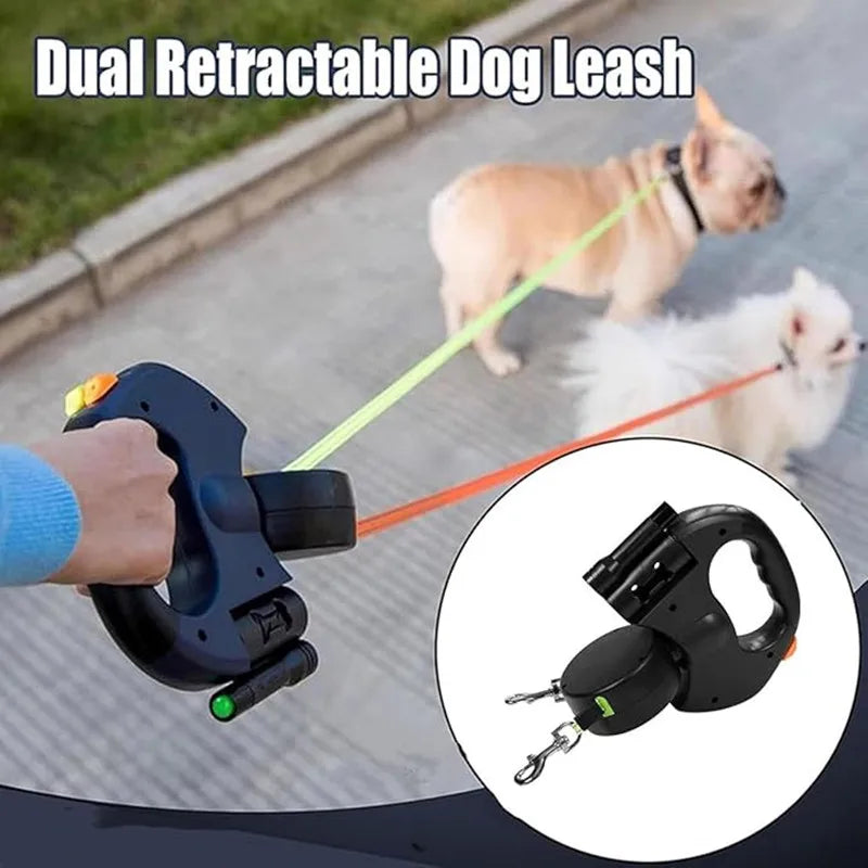 Double Ended Leash with Tangle-Free Swivel, LED Flashlight, and Litter Bag Holder for Small & Large Dog
