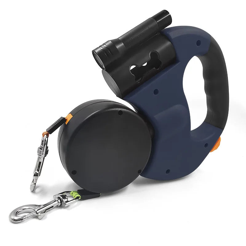 Double Ended Leash with Tangle-Free Swivel, LED Flashlight, and Litter Bag Holder for Small & Large Dog