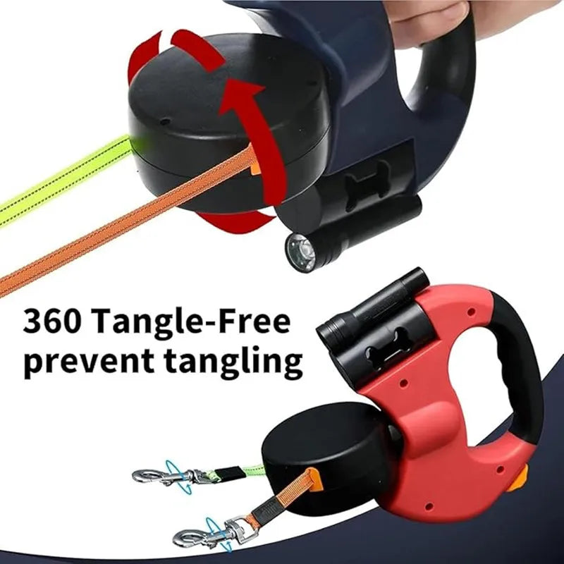 Double Ended Leash with Tangle-Free Swivel, LED Flashlight, and Litter Bag Holder for Small & Large Dog