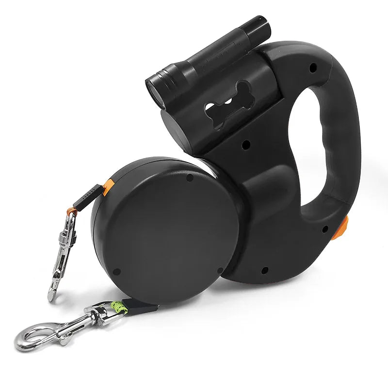 Double Ended Leash with Tangle-Free Swivel, LED Flashlight, and Litter Bag Holder for Small & Large Dog
