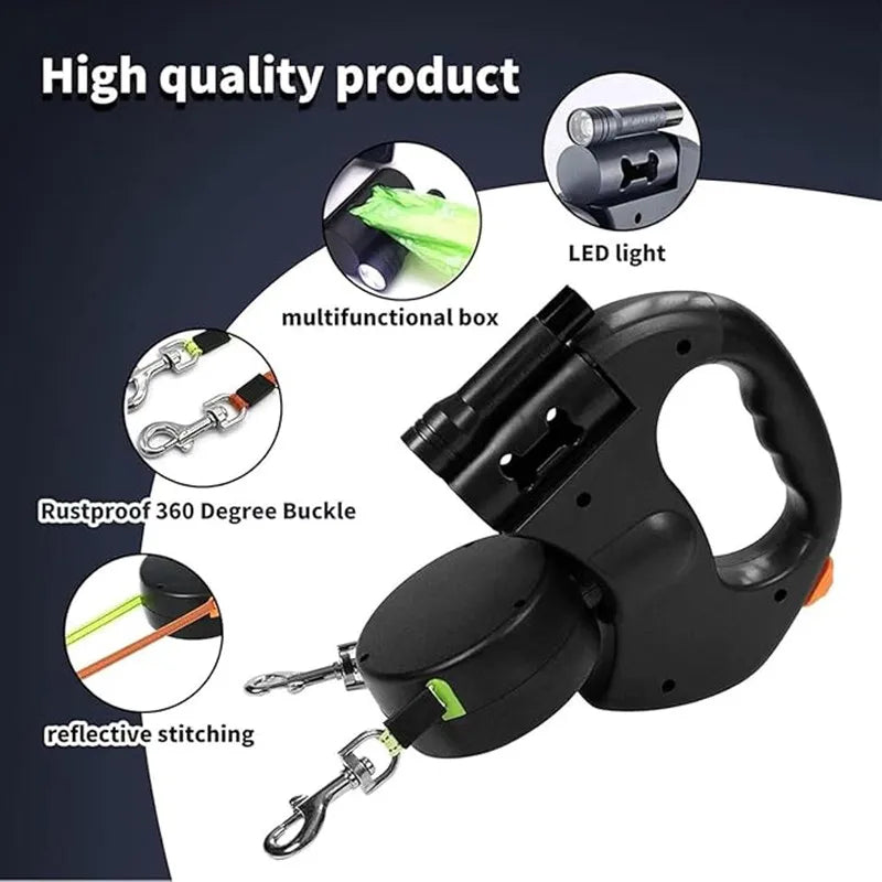 Double Ended Leash with Tangle-Free Swivel, LED Flashlight, and Litter Bag Holder for Small & Large Dog