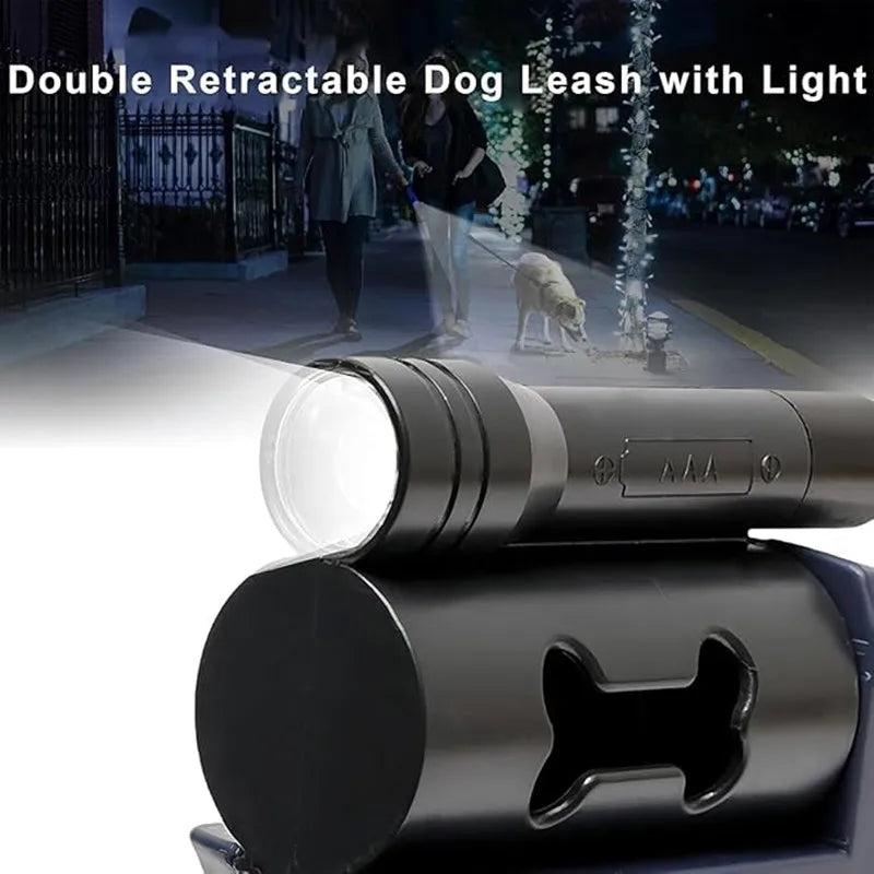 Double Ended Leash with Tangle-Free Swivel, LED Flashlight, and Litter Bag Holder for Small & Large Dog