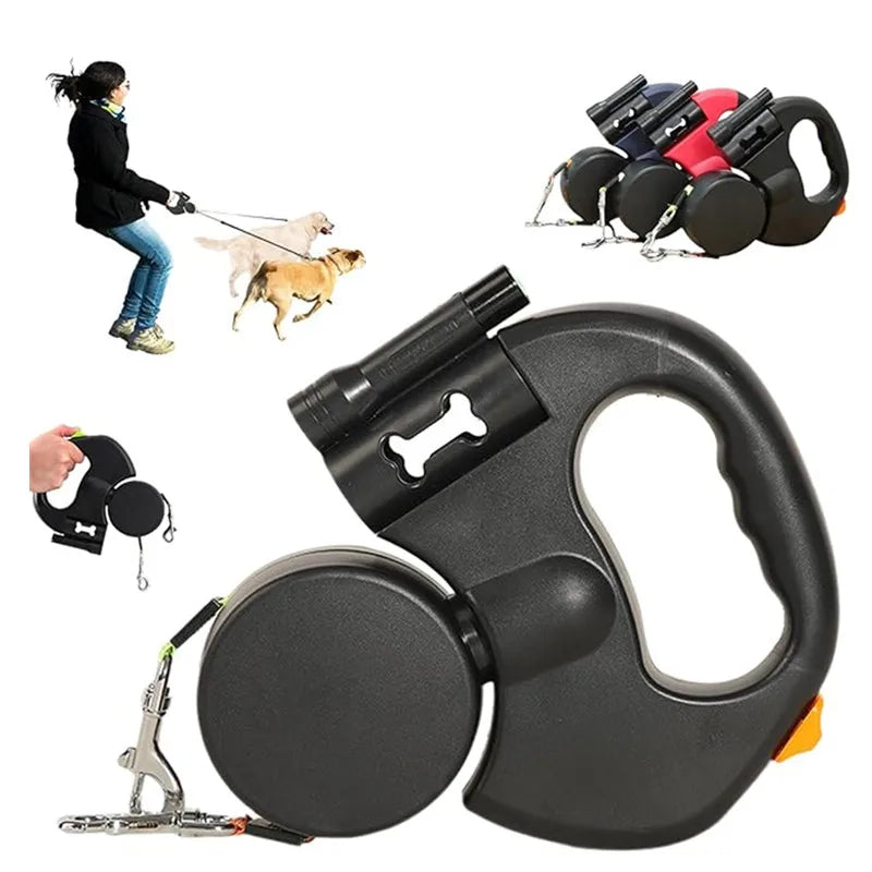 Double Ended Leash with Tangle-Free Swivel, LED Flashlight, and Litter Bag Holder for Small & Large Dog