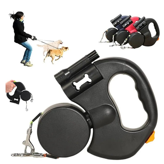 Double Ended Leash with Tangle-Free Swivel, LED Flashlight, and Litter Bag Holder for Small & Large Dog