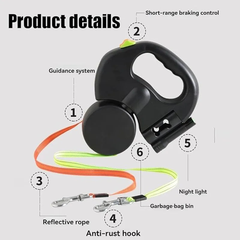 Double Ended Leash with Tangle-Free Swivel, LED Flashlight, and Litter Bag Holder for Small & Large Dog
