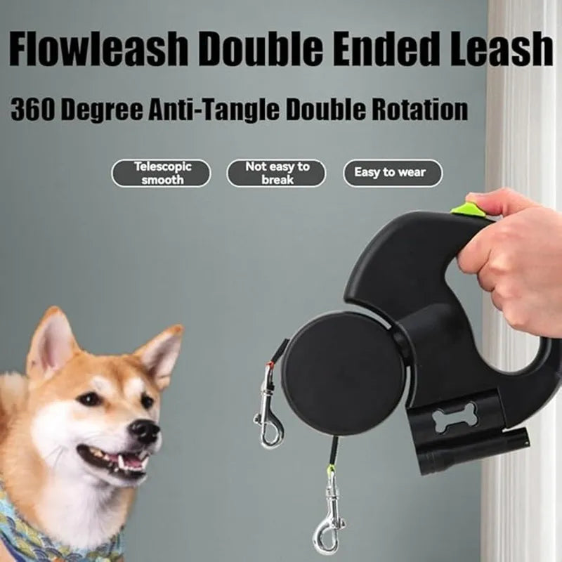 Double Ended Leash with Tangle-Free Swivel, LED Flashlight, and Litter Bag Holder for Small & Large Dog
