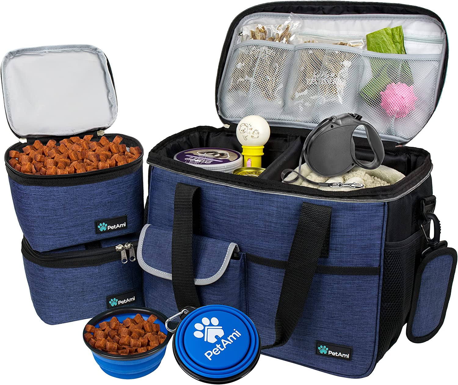 Dog Travel Bag with Food Container, Bowls, and Travel Supplies...Airline Approved! (Navy, Medium)